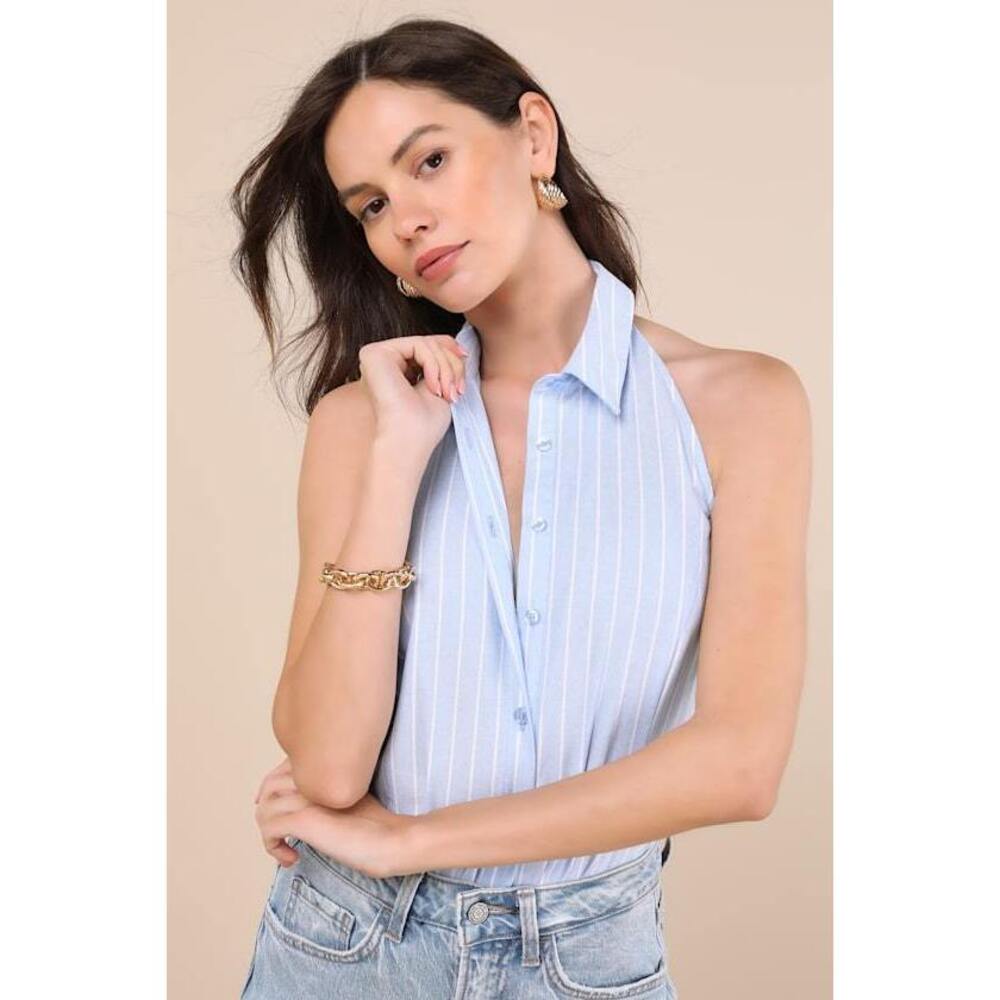 Lulus Aeres Blue Pinstriped Button-front Collared Halter Bodysuit - Size L